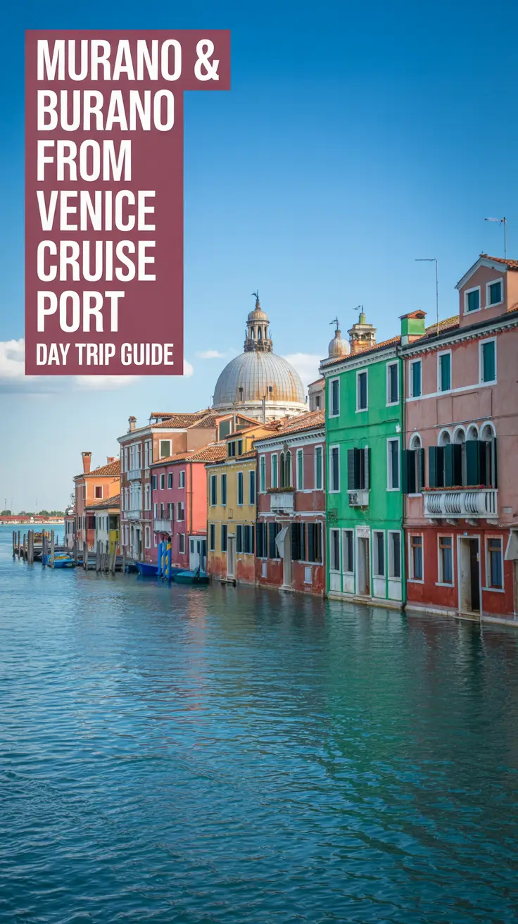 A stunning, wide-angle photograph capturing the picturesque islands of Murano and Burano viewed from a Venetian cruise port on a clear, sunny day. The vibrant, colorful buildings of Burano are prominently featured in the foreground, contrasting with the more subdued, glass-making workshops of Murano in the background. The clear turquoise water of the Venetian lagoon reflects the bright sunlight and the colorful architecture, creating a captivating visual harmony.