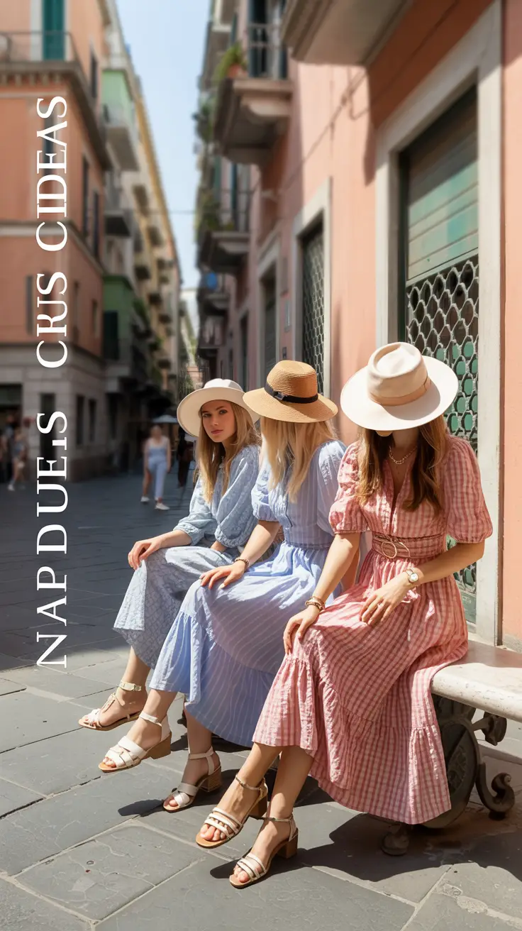 A stunning, sun-drenched photograph capturing a collection of stylish women's outfits thoughtfully arranged on a stone bench in Naples, Italy, featuring breezy summer dresses, wide-brimmed hats, and comfortable sandals, all set against a charming, pastel-colored narrow street in bright sunlight – perfect for Naples cruise outfit inspiration.