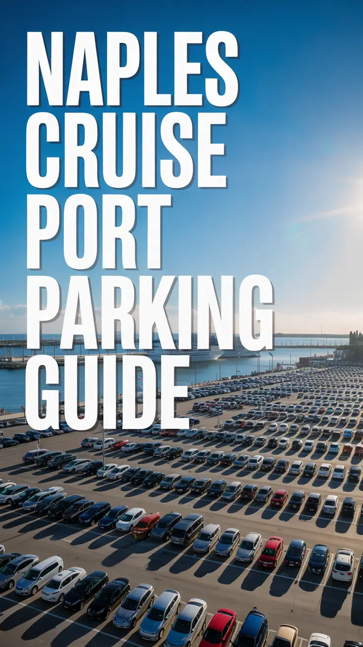 A stunning, sun-drenched photograph of a sprawling Naples Cruise Port parking lot on a clear day. The expansive lot is filled with a variety of cars, buses, and vehicles, meticulously organized in neat rows, capturing the bustling energy of a busy port. Large, left-aligned text overlay prominently reads "Naples Cruise Port Parking Guide". The vibrant blue sky and warm sunlight cast a bright, optimistic glow across the scene, enhancing the sense of a welcoming and efficient travel hub.