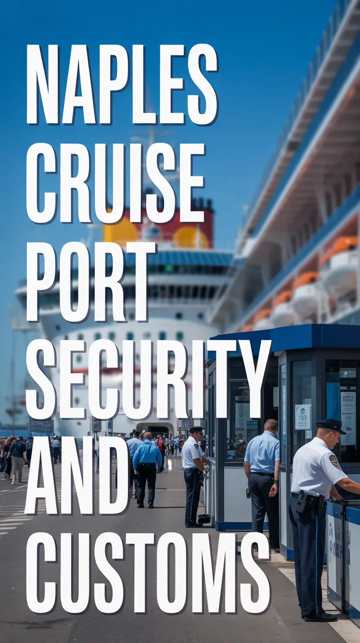 A stunning photograph of a bustling Naples Cruise Port security checkpoint on a bright, sunny day, featuring uniformed officers and customs officials at a modern security booth in the foreground, with blurred port infrastructure in the background and large left-aligned text reading "Naples Cruise Port Security and Customs" under warm Mediterranean sunlight.