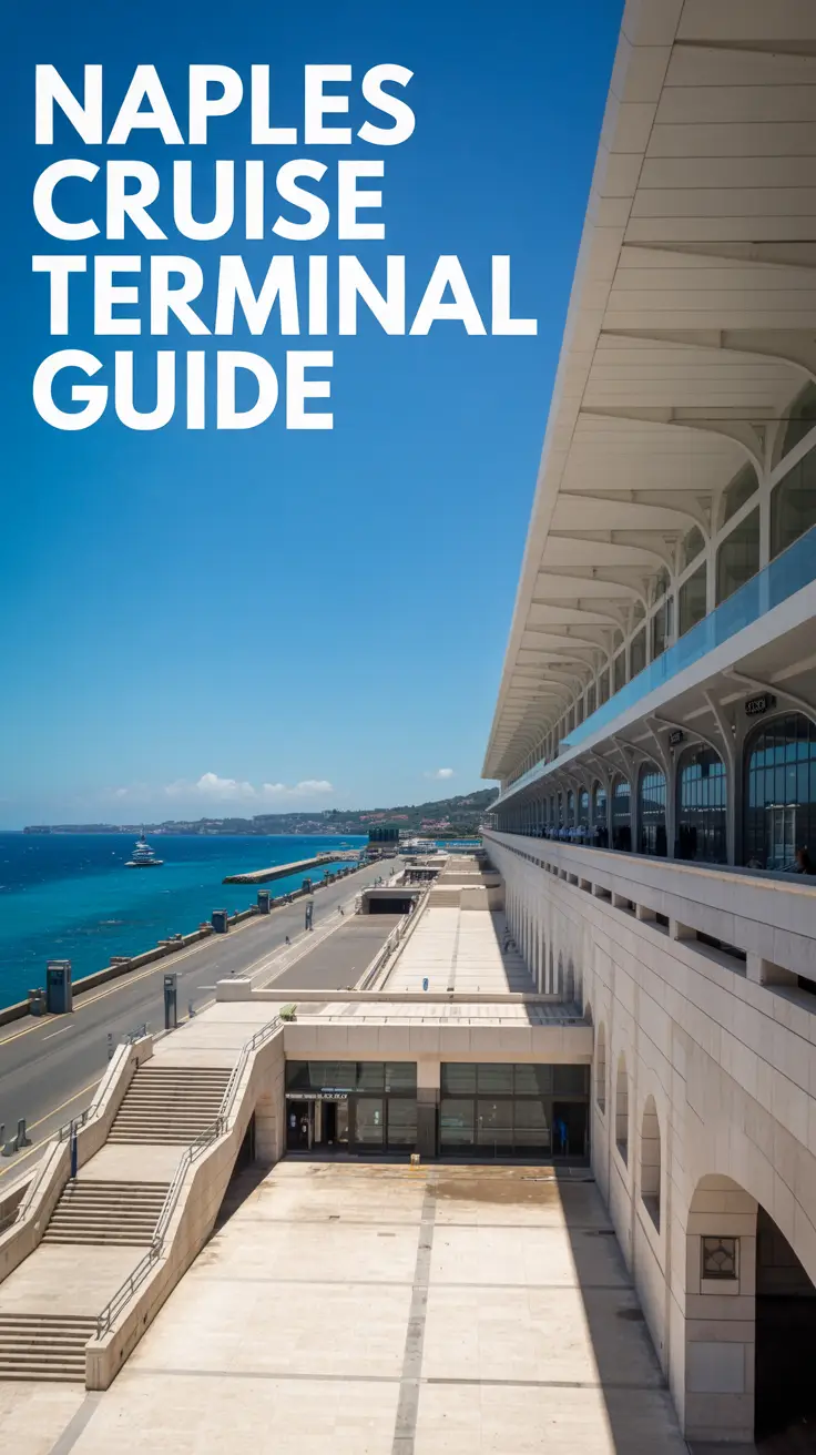 A stunning, sun-drenched photograph of the bustling Naples Cruise Terminal, focusing on the light-colored stone architecture of the modern terminal building with entrances and walkways, set against a vibrant blue sky and turquoise Mediterranean waters on a clear sunny day.