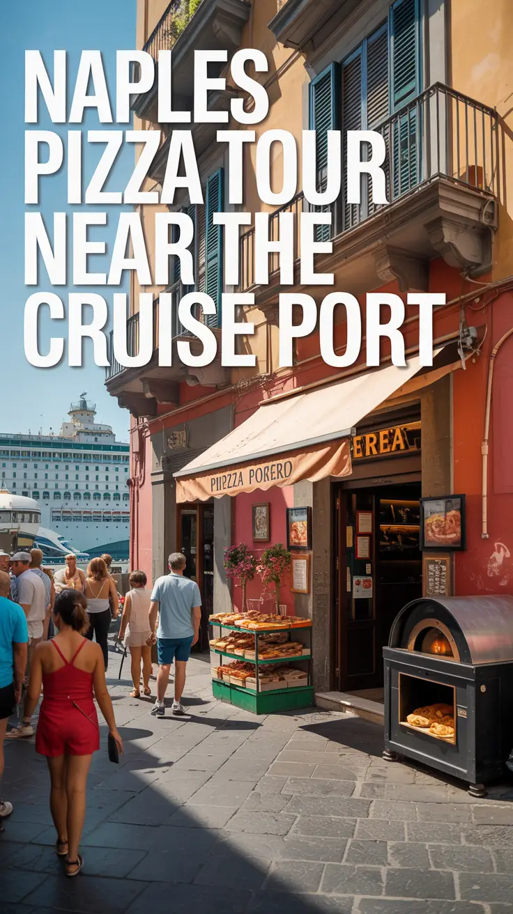 A vibrant, sun-drenched photograph capturing a charming pizzeria in Naples, Italy, near a bustling cruise port. The exterior of the pizzeria showcases a traditional wood-fired oven and a welcoming display of fresh ingredients, with a weathered awning providing shade. A large, left-aligned text overlay reads "Naples Pizza Tour Near the Cruise Port", clearly visible against the building’s warm, stucco façade. The scene is bathed in bright sunlight, with a lively atmosphere of locals and tourists enjoying the Italian ambiance, emphasizing the city’s authentic culinary experience.