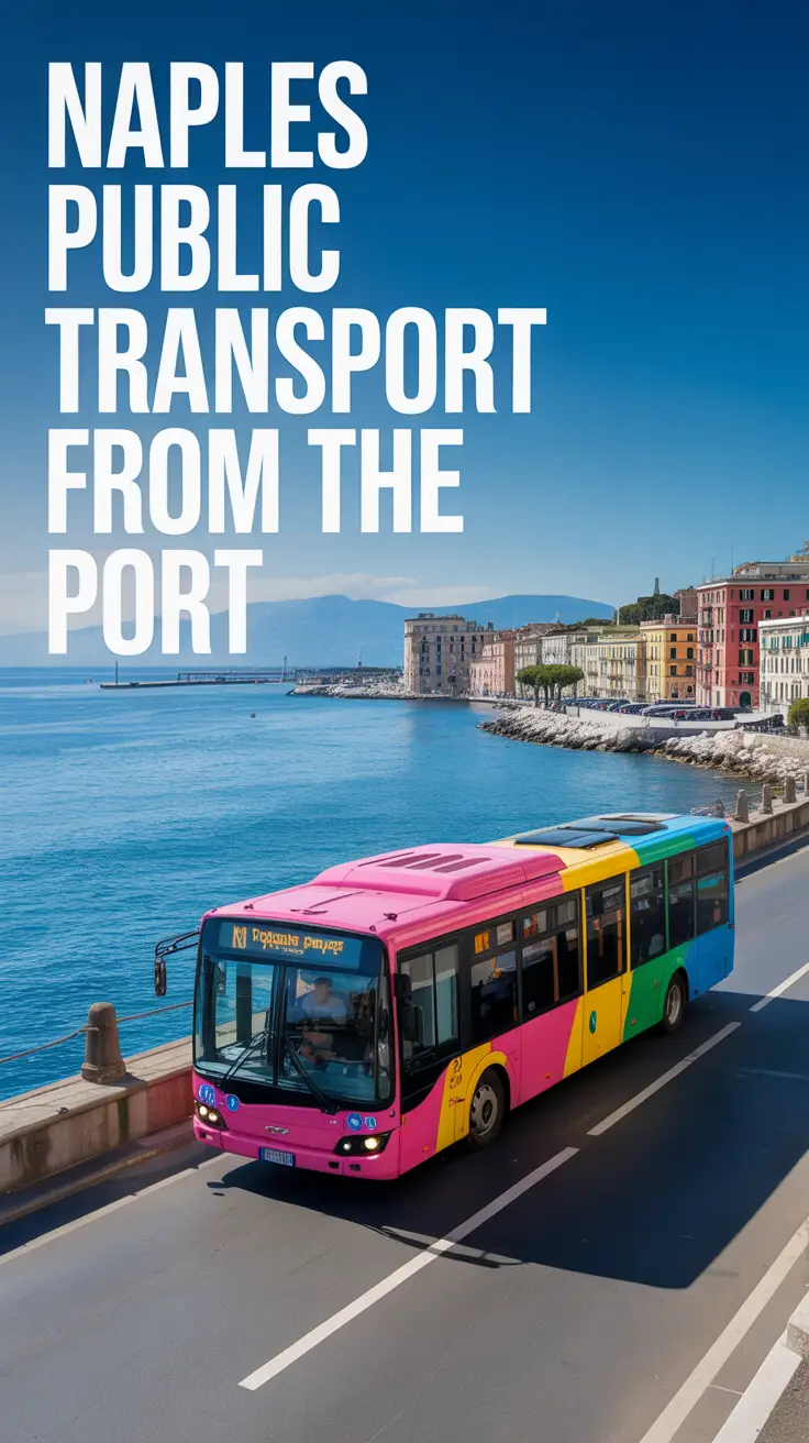 A stunning photograph of a vibrant Naples Public Transport bus driving along a waterfront road. The bus, brightly colored and well-maintained, is positioned on the left side of the frame, showcasing its modern design as it moves towards the viewer. The background features the sparkling blue Mediterranean Sea, picturesque buildings lining the coast, and a clear, sunny sky, with large left-aligned text overlay: "Naples Public Transport from the Port". The scene is captured during daylight hours, emphasizing the bright and cheerful atmosphere of the city.