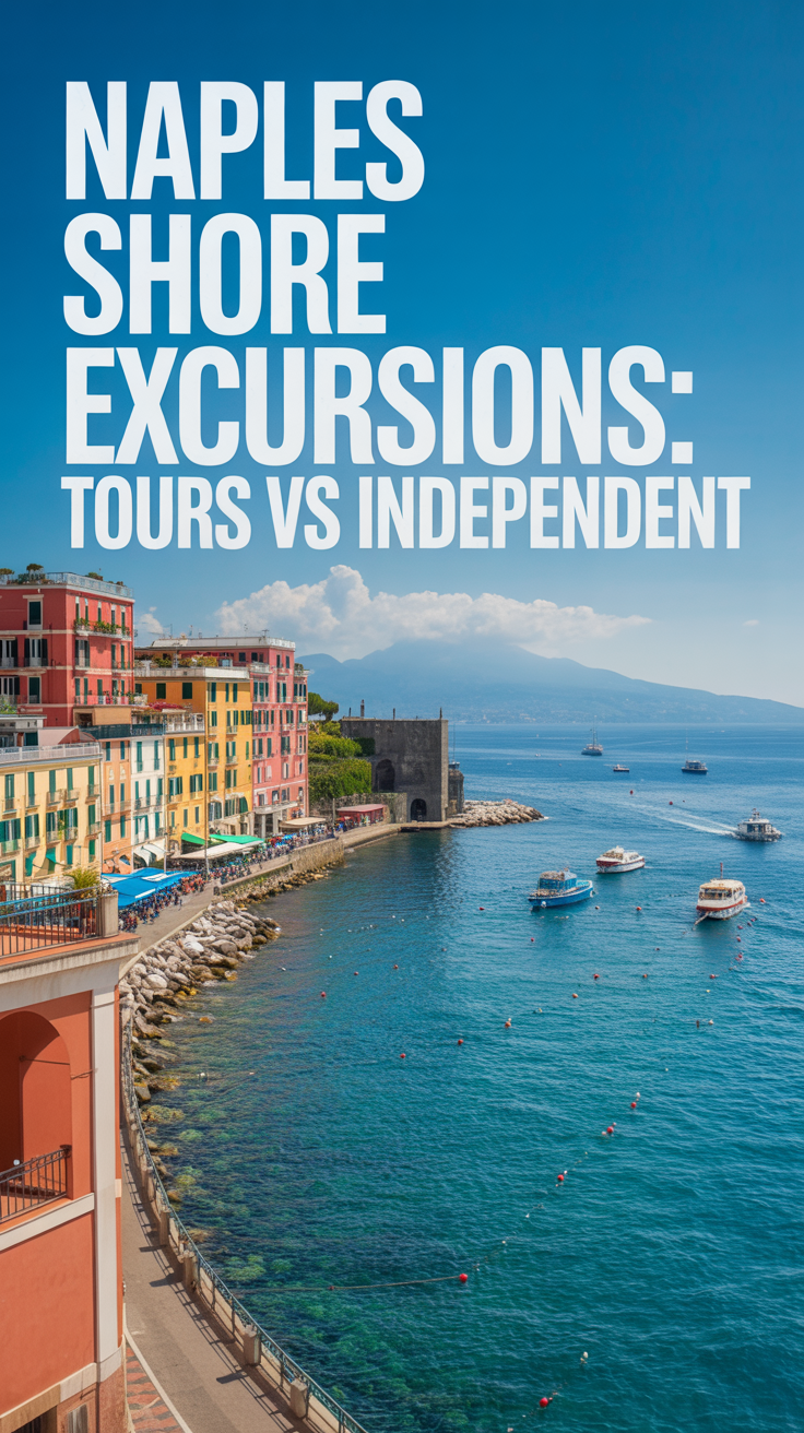 A stunning, sun-drenched photograph capturing a vibrant scene along the Naples coastline. The image showcases a picturesque view of the shore with colorful buildings and a clear, turquoise sea, with the large left-aligned text overlay: "Naples Shore Excursions: Tours vs Independent" subtly placed across the sky. A few small boats dot the water in the distance, enhancing the sense of a bustling, lively harbor town. The bright, sunny lighting casts warm shadows and highlights the beauty of the Mediterranean landscape.