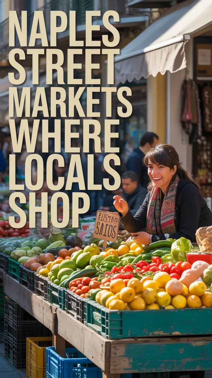 A photograph of a bustling Naples street market, overflowing with colorful produce and local vendors. The large left-aligned text overlay reads "Naples Street Markets Where Locals Shop" in a bold, classic font. In the foreground, a weathered wooden stall displays vibrant lemons, tomatoes, and peppers, while a smiling woman with dark hair and a patterned scarf engages with a customer in the background. Bright sunlight bathes the scene, casting long shadows and highlighting the textures of the market, showcasing authentic local life.
