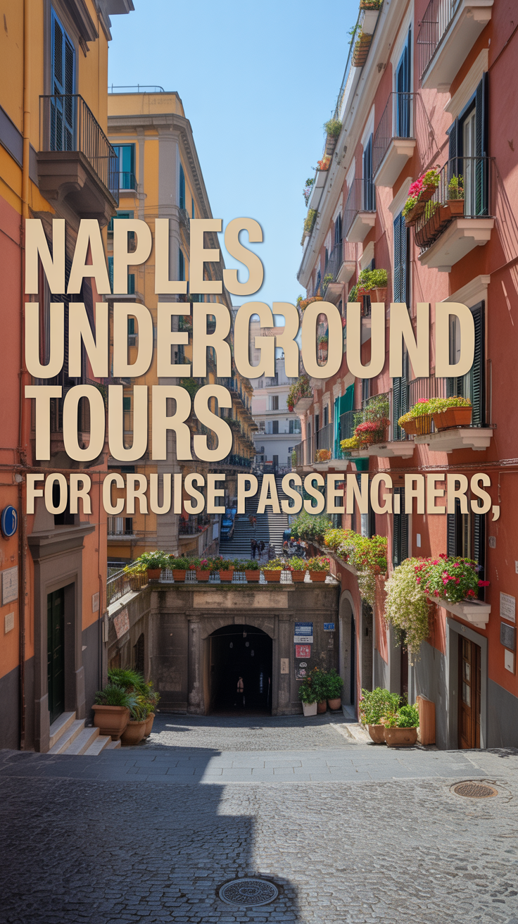 A stunning photograph depicting a charming, sun-drenched cobblestone street in Naples, Italy, leading downwards into an ancient underground entrance. The street is lined with vibrant, terracotta-colored buildings and overflowing flower boxes, showcasing the typical Neapolitan architecture. The bright sunlight illuminates the street and the entrance, creating sharp contrasts and highlighting the historic character of the location, with large, left-aligned text reading "Naples Underground Tours for Cruise Passengers" in a clear, sans-serif font.