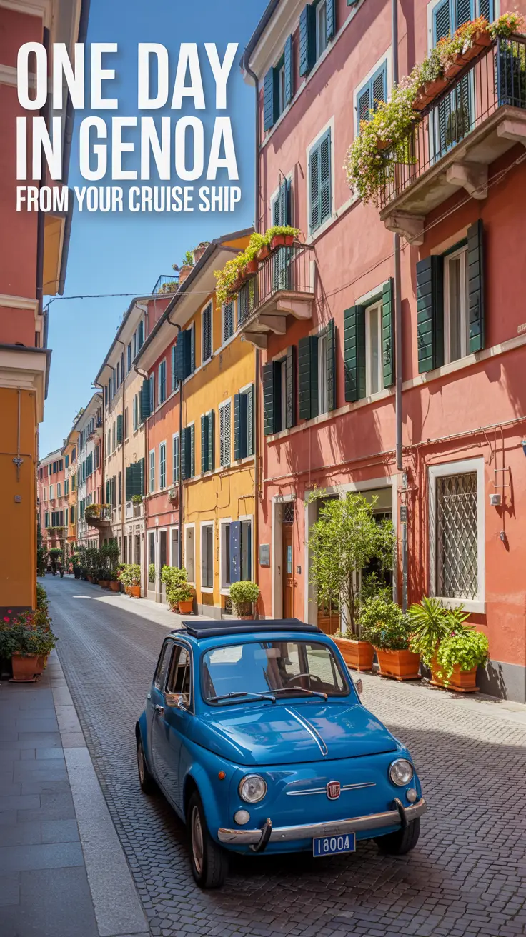 A stunning, vibrant photograph capturing a picturesque street scene in Genoa, Italy, featuring a narrow cobblestone street lined with colorful buildings and overflowing flower boxes, bathed in bright sunlight, with a vintage Fiat 500 parked on the street. Text in the upper left corner reads "One Day in Genoa from Your Cruise Ship."