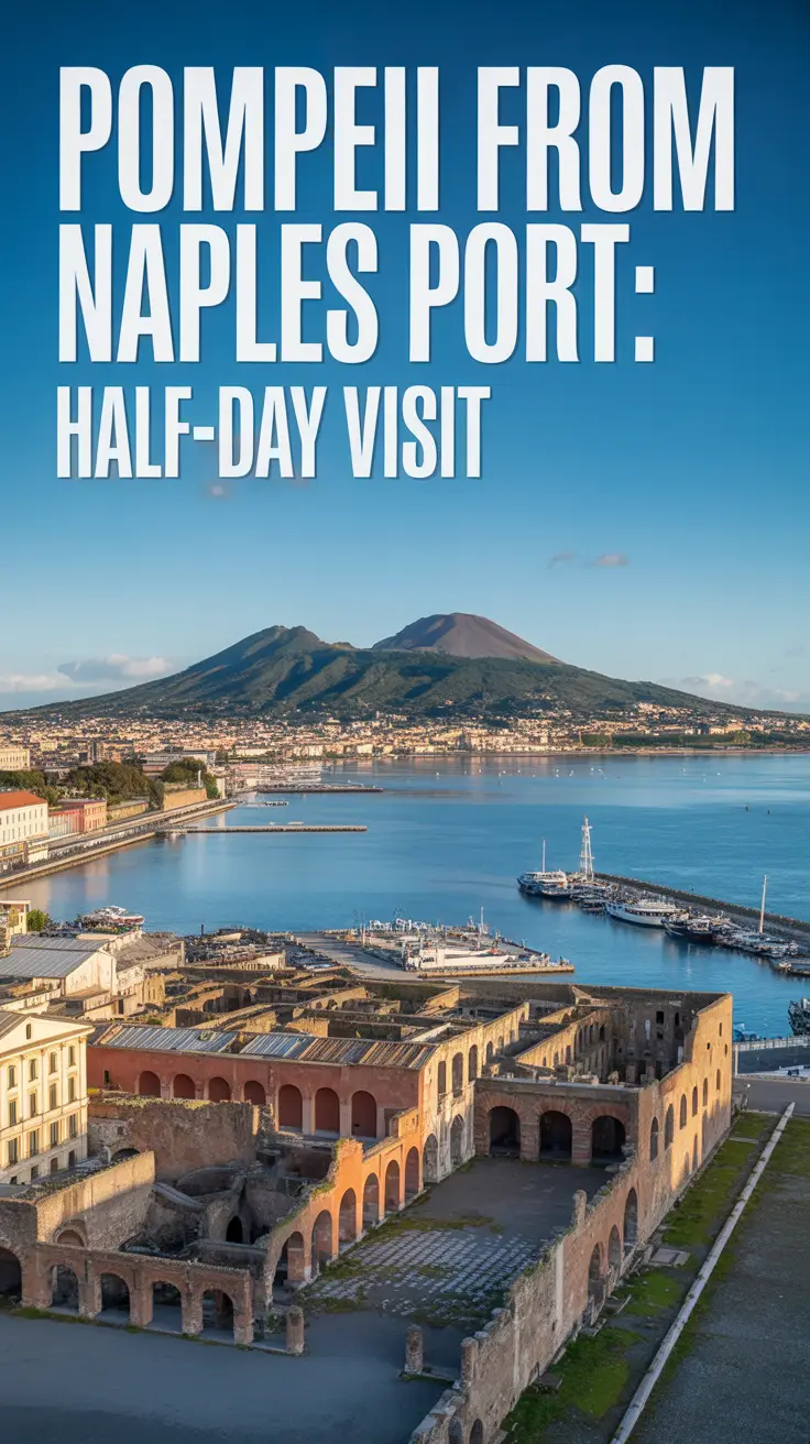A stunning, wide-angle photograph capturing the iconic view of Pompeii from Naples Port on a bright, sunny day. The ancient ruins of Pompeii dominate the frame, showcasing its remarkably preserved structures against the backdrop of the shimmering Bay of Naples, with Mount Vesuvius looming majestically in the distance. A clear, azure sky overhead illuminates the scene, accentuating the vibrant colors of the archaeological site.