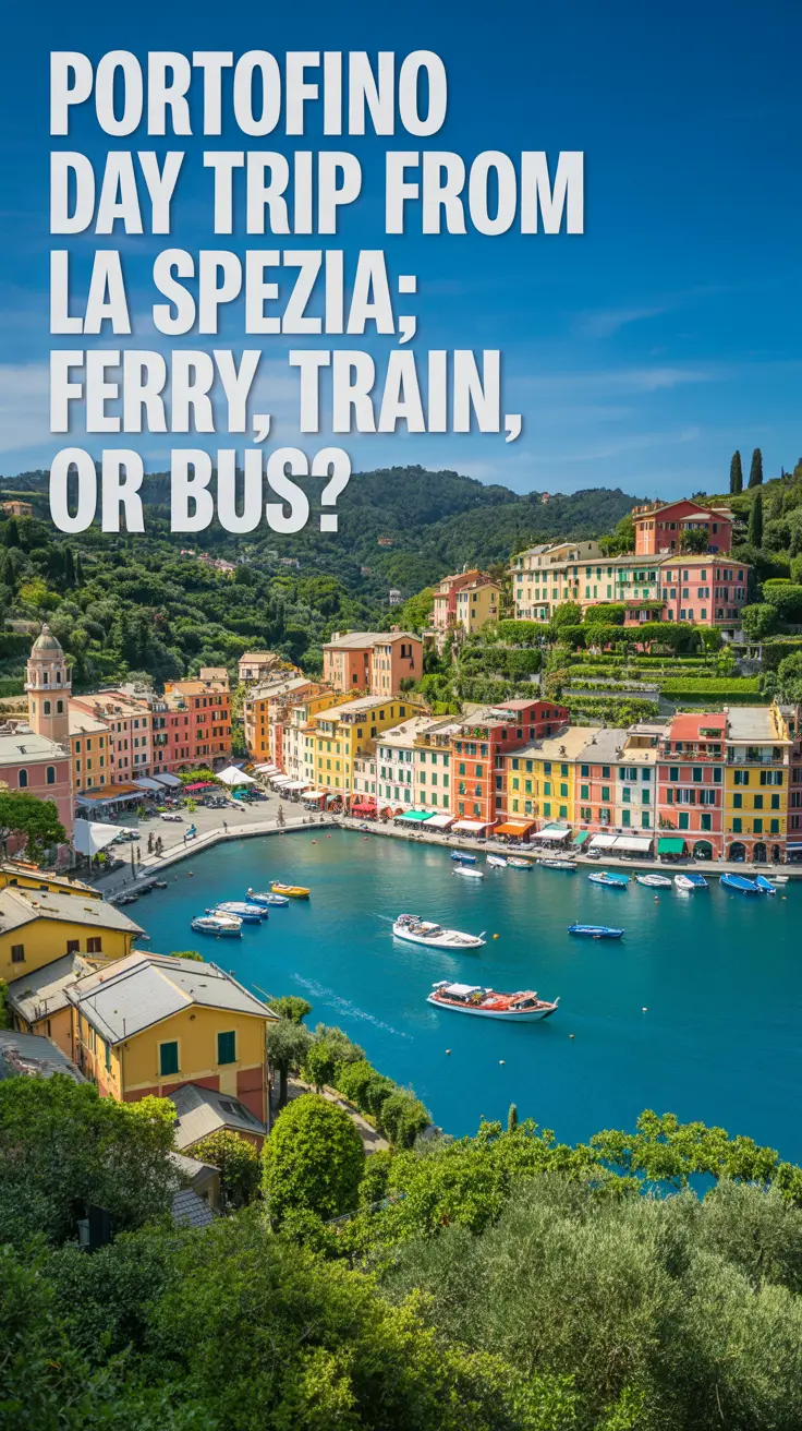 A stunning photograph of the picturesque coastal town of Portofino, Italy, viewed from a slightly elevated perspective. The vibrant buildings cascade down the hillside toward a turquoise harbor, illuminated by bright sunlight. Lush green vegetation and clear blue skies enhance the feeling of a sunny, idyllic day, with no visible ships or boats in the water. Left-aligned text overlay reads: "Portofino Day Trip from La Spezia: Ferry, Train, or Bus?".