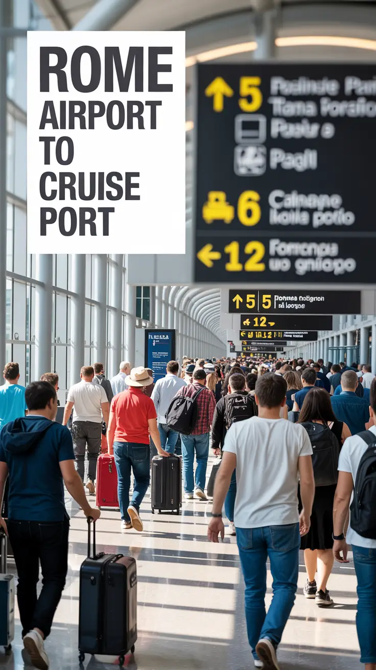 A photograph of a bustling airport arrival hall, with left-aligned text overlay reading "Rome Airport to Cruise Port"; travelers in casual clothes push luggage through sunlit space with large windows, while transportation signage in Italian and English adds a vibrant sense of travel anticipation.