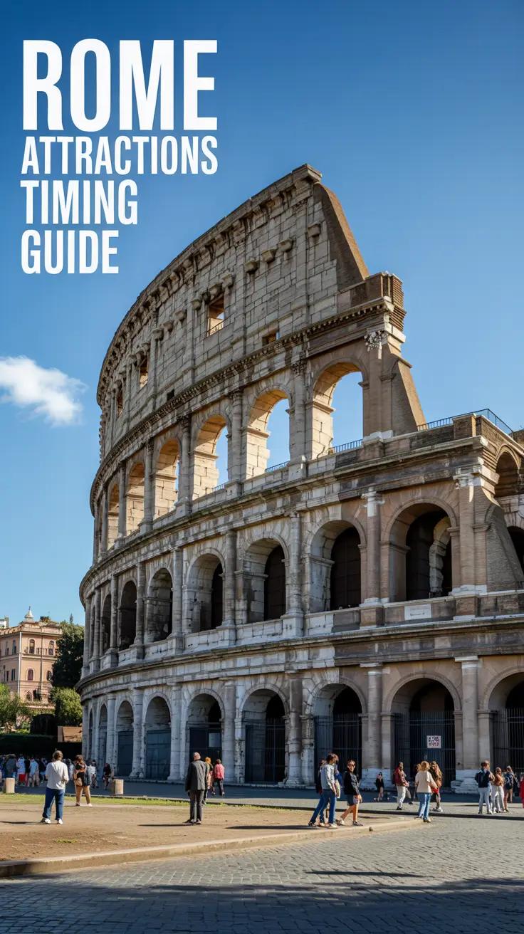 A stunning photograph showcasing the Colosseum in Rome, bathed in bright sunlight. The iconic amphitheater stands majestically against a clear blue sky, with tourists milling about the base, providing scale and a sense of activity. Large, left-aligned text overlay reads "Rome Attractions Timing Guide." The scene captures a quintessential Roman moment, highlighting the grandeur of the historical landmark on a beautiful, sunny day.