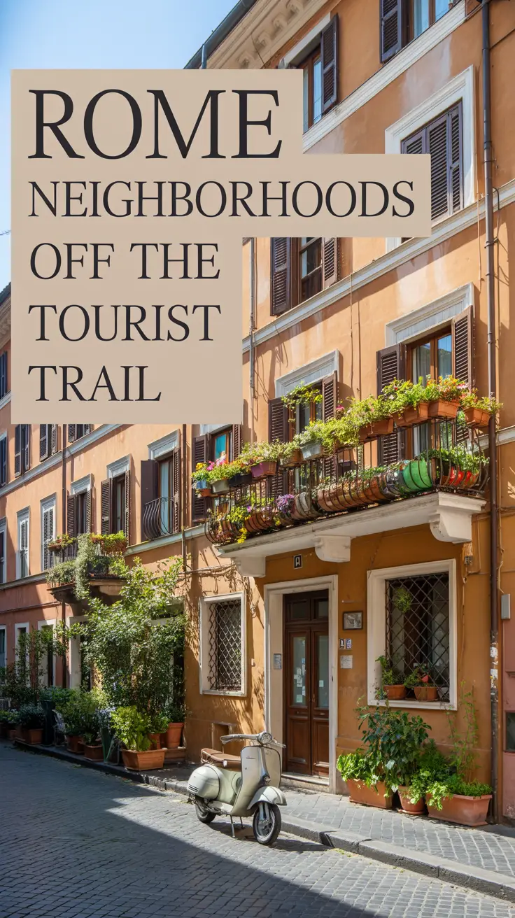 A stunning, sun-drenched photograph showcasing a charming, quiet residential street in Rome, Italy, featuring a traditional Roman apartment building with weathered terracotta tiles, overflowing flower boxes on balconies, and a Vespa scooter parked casually along the curb.