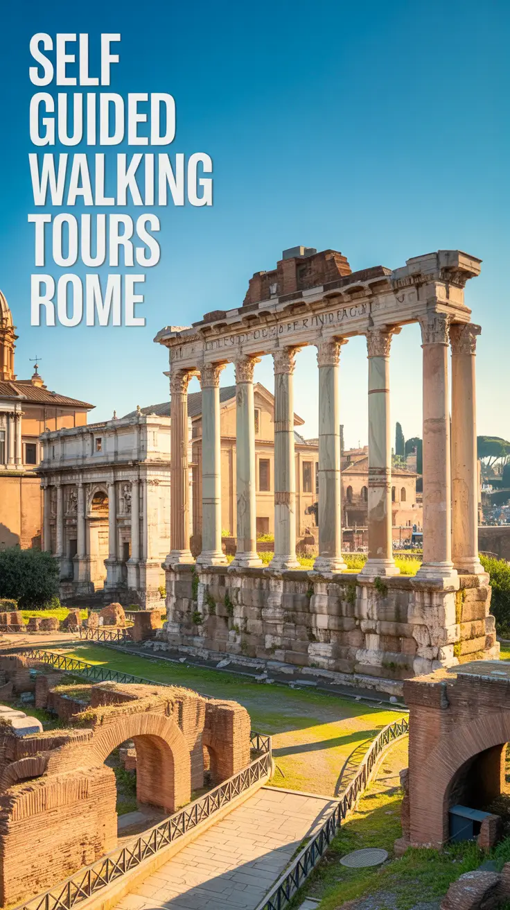 A stunning, sun-drenched photograph of the Roman Forum, showcasing its ancient ruins bathed in bright sunlight. Dominating the left side of the frame is the large, left-aligned text overlay: "Self Guided Walking Tours Rome". The ruins include weathered columns, arches, and brick pathways, all conveying a sense of history and grandeur. The bright, clear sky and the warm, sunny lighting highlight the textures of the stone and create a vibrant, inviting scene.