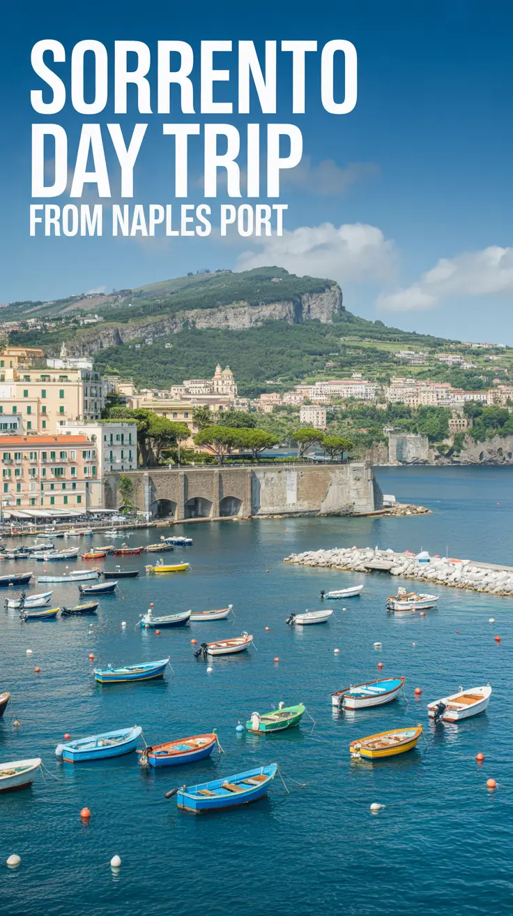 A stunning photograph capturing a vibrant coastal view of Sorrento, Italy, viewed from the perspective of Naples Port. The foreground showcases a charming harbor filled with colorful fishing boats bobbing gently on crystal-clear turquoise water, with the iconic Sorrento coastline rising majestically in the background. The scene is bathed in bright, natural sunlight, highlighting the whitewashed buildings and lush green vegetation of the town. The sky is a clear, bright blue with a few fluffy white clouds, creating a picturesque and inviting atmosphere.