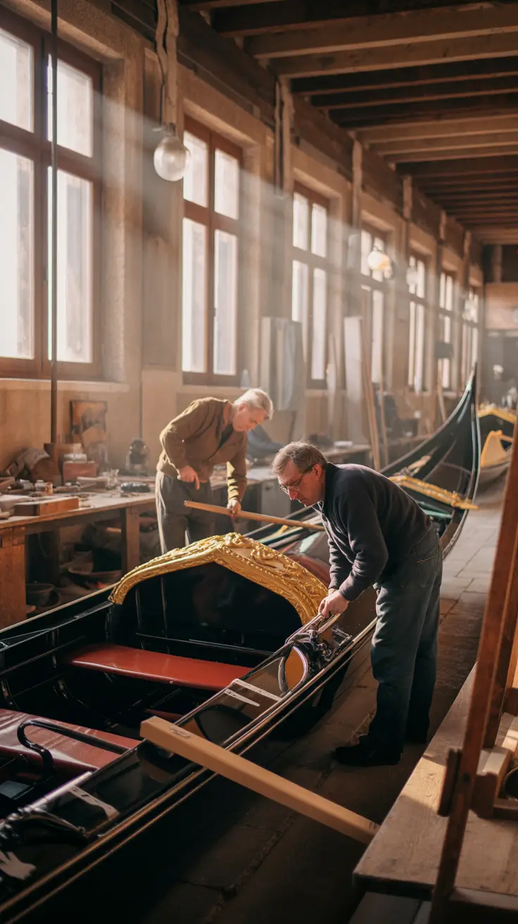 A traditional Venetian gondola workshop with artisans handcrafting gondolas in warm, sunlit surroundings filled with wood, tools, and vintage charm.