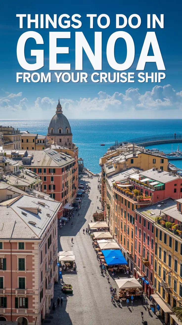 A stunning photograph showcasing the vibrant, historic port of Genoa, Italy, viewed from a slightly elevated perspective. The foreground features a picturesque cobblestone street lined with colorful buildings, overflowing with charming cafes and bustling local life. In the distance, the Ligurian Sea sparkles under a bright, sunny sky, with glimpses of the city's architectural landmarks like the Lanterna di Genova rising majestically.