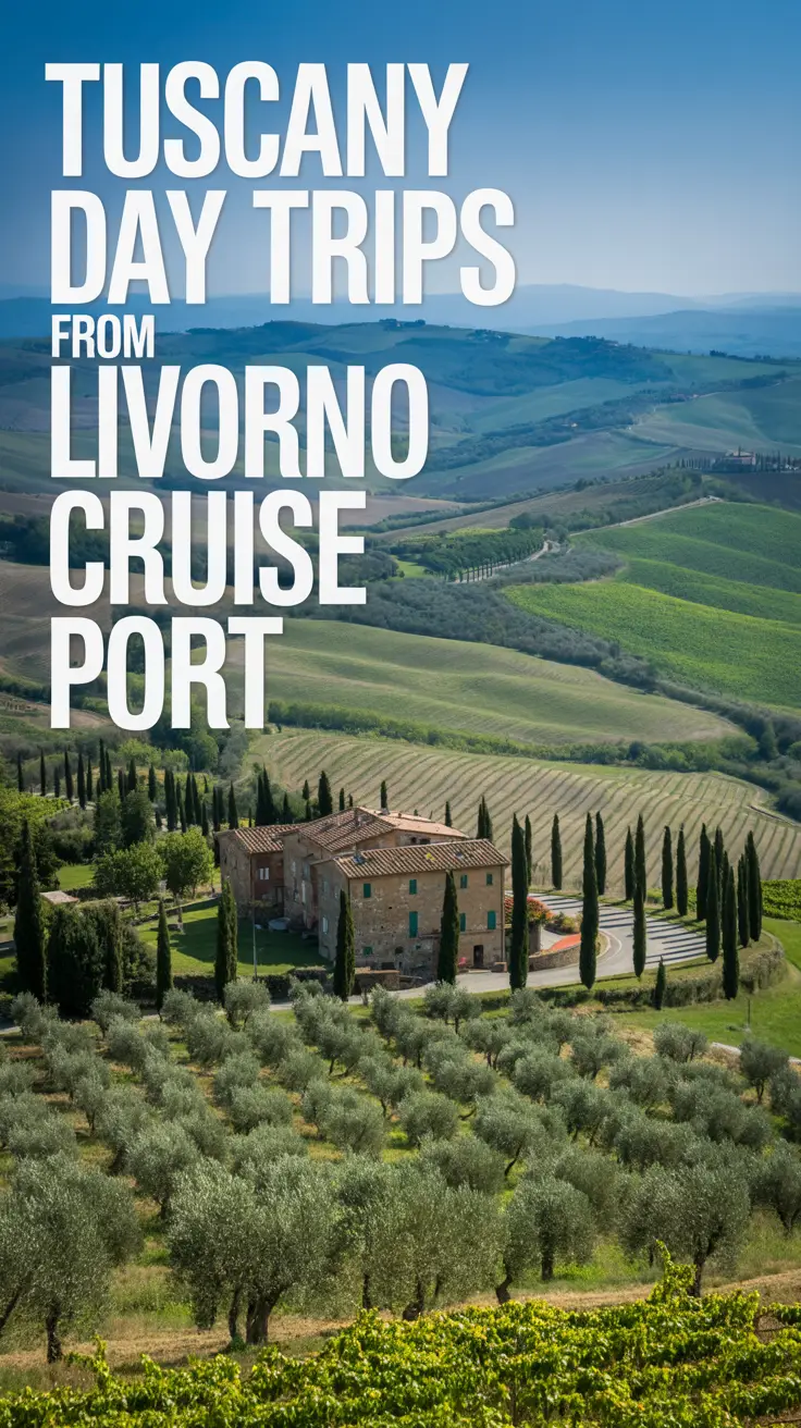 A stunning, wide-angle photograph showcasing a picturesque Tuscan landscape viewed from a vantage point near Livorno Cruise Port. The image prominently features rolling hills covered in vineyards and olive groves under bright sunlight, with a quaint stone farmhouse featuring terracotta roof tiles nestled among the greenery. A winding road leads into the distance.