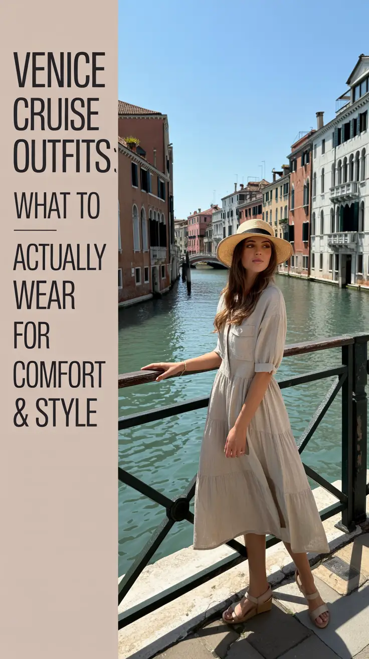 A photograph of a stylish woman standing confidently on a charming Venetian bridge, showcasing fashionable cruise outfits. She is wearing a wide-brimmed straw hat, a flowing linen dress, and comfortable sandals, radiating effortless style. The bridge is lined with colorful buildings, and a canal with gently lapping water is visible in the background, all bathed in the bright sunlight of a clear day.