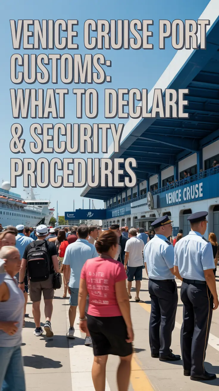 A photograph of a bustling, sun-drenched outdoor customs checkpoint at the Venice Cruise Port. Prominently displayed in large, left-aligned text is "Venice Cruise Port Customs: What to Declare & Security Procedures." The checkpoint features uniformed customs officials standing behind a counter, with blurred figures of travelers passing through in the background, emphasizing a busy atmosphere. Bright sunlight illuminates the scene, highlighting the architecture and the activity, without any visible ships or promotional elements.