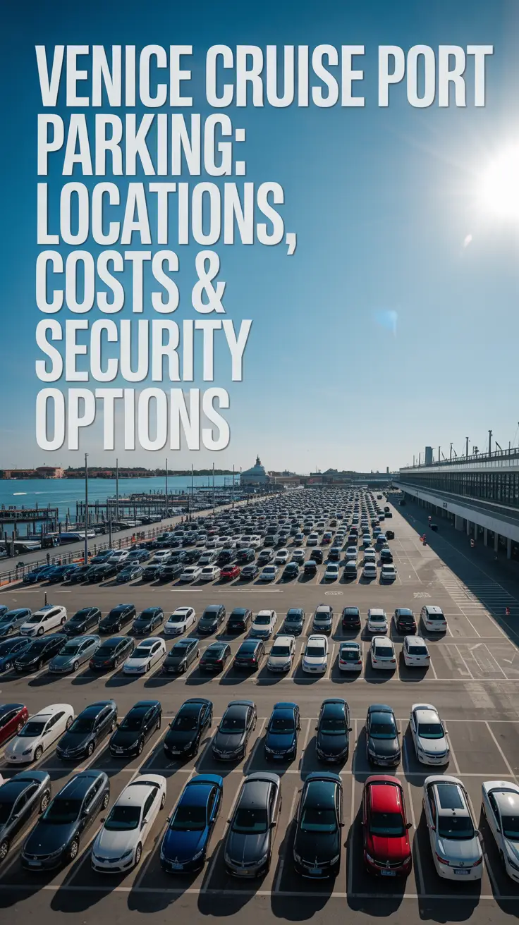 A stunning, wide-angle photograph of a modern, bustling Venice Cruise Port parking lot on a bright, sunny day, with rows of neatly arranged cars reflecting sunlight, modern port infrastructure in the background, and the Venetian lagoon visible in the distance, all radiating the energy and functionality of a busy travel hub.