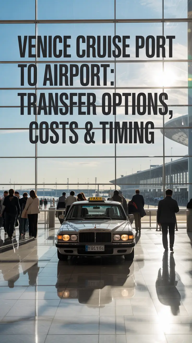 A photograph depicting a modern airport terminal bathed in bright sunlight, with a sleek, unoccupied taxi cab centered in the foreground reflecting the sunlight and terminal architecture; large text overlay reads "Venice Cruise Port to Airport: Transfer Options, Costs & Timing," with blurred travelers and expansive glass windows framing a clear blue sky in the background.