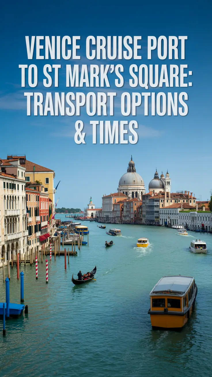 A stunning photograph depicting the vibrant scene of Venice's Cruise Port leading to the iconic St Mark's Square, with a wide sunlit canal lined by colorful buildings and gondolas, and a clear view of the grand architecture in the distance under bright natural sunlight.