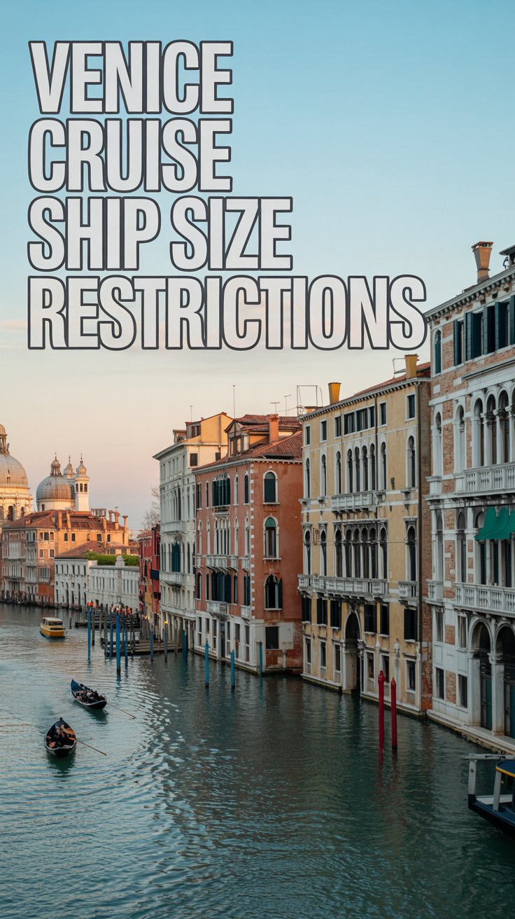 A photograph of Venice's iconic Grand Canal with historic Venetian palazzos lining the waterway under a soft golden hour light. The ornate Renaissance and Gothic architecture displays weathered stone facades in warm ochre and coral hues, with distinctive arched windows and ornate balconies reflecting in the gently rippling canal water. Traditional gondolas and water taxis navigate between the ancient buildings, while the distant domes of St. Mark's Basilica are visible in the atmospheric haze. Bold white text reading "Venice Cruise Ship Size Restrictions" is prominently displayed in the upper left corner with a subtle drop shadow for readability against the scenic backdrop.