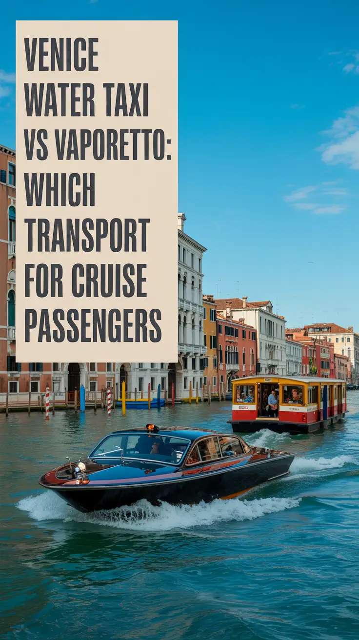 A photograph capturing a vibrant Venetian canal scene with a sleek, modern water taxi speeding past a traditional, brightly colored vaporetto. The water taxi, a glossy black, cuts through the turquoise water, while the vaporetto is a classic red and white design with passengers visible on its open deck. The background showcases picturesque Venetian architecture with stone buildings and arched bridges bathed in bright sunlight. Large left-aligned text reads: "Venice Water Taxi vs Vaporetto: Which Transport for Cruise Passengers."