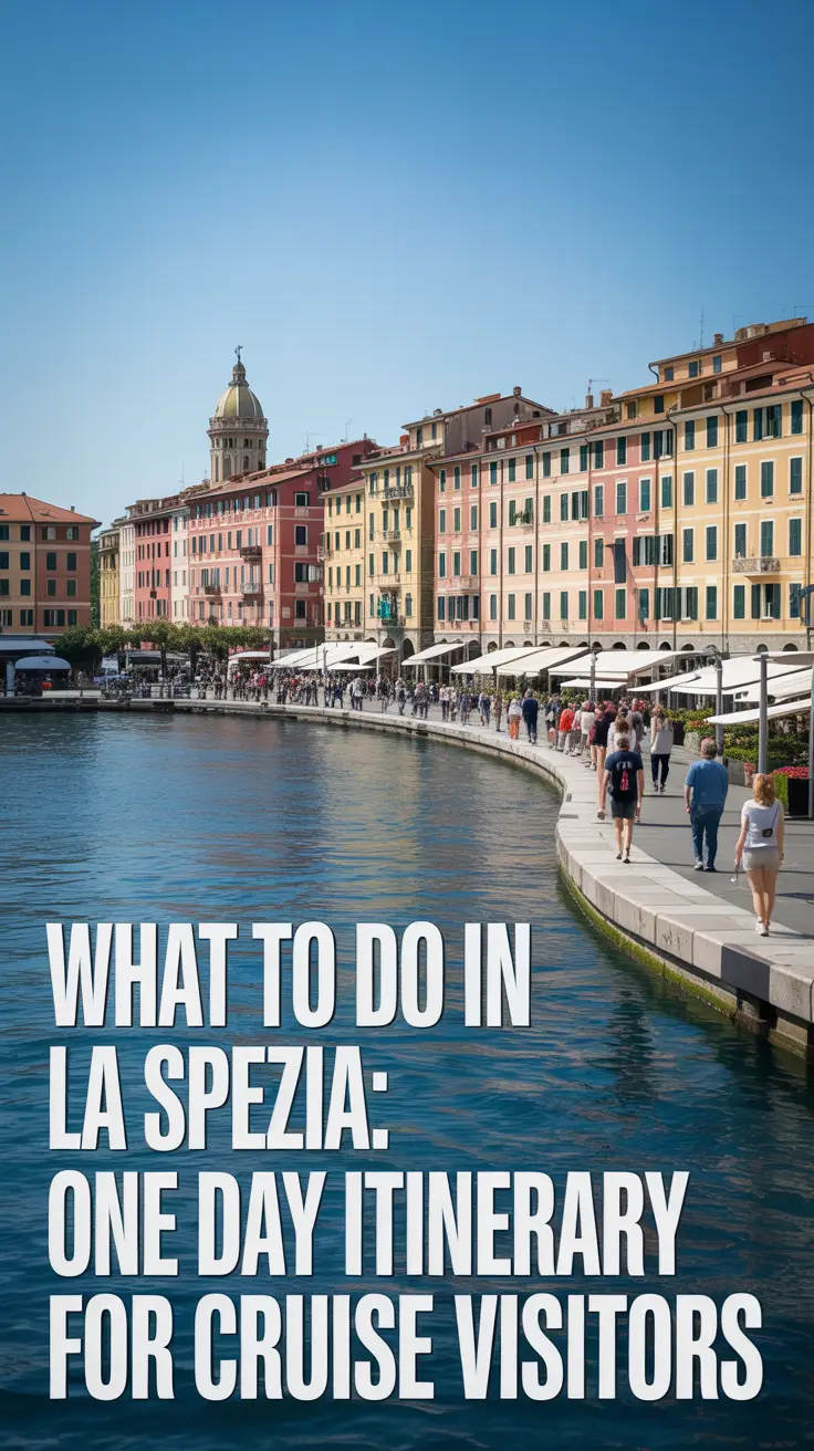 A stunning, sun-drenched photograph of the historic harbor of La Spezia, Italy, featuring colorful buildings lining the waterfront, a bustling promenade with people strolling, and vibrant natural sunlight—ideal for showcasing a one-day cruise visitor itinerary.