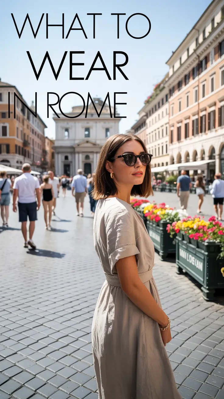A stunning, sun-drenched photograph of a vibrant Roman piazza bustling with pedestrians; a stylish woman in sunglasses and a linen dress stands slightly off-center, confidently facing the camera. Large, left-aligned text reads "What to Wear in Rome" in a modern sans-serif font. Iconic Roman architecture, colorful flower boxes, and a bright, clear sky in the background evoke effortless summer style.