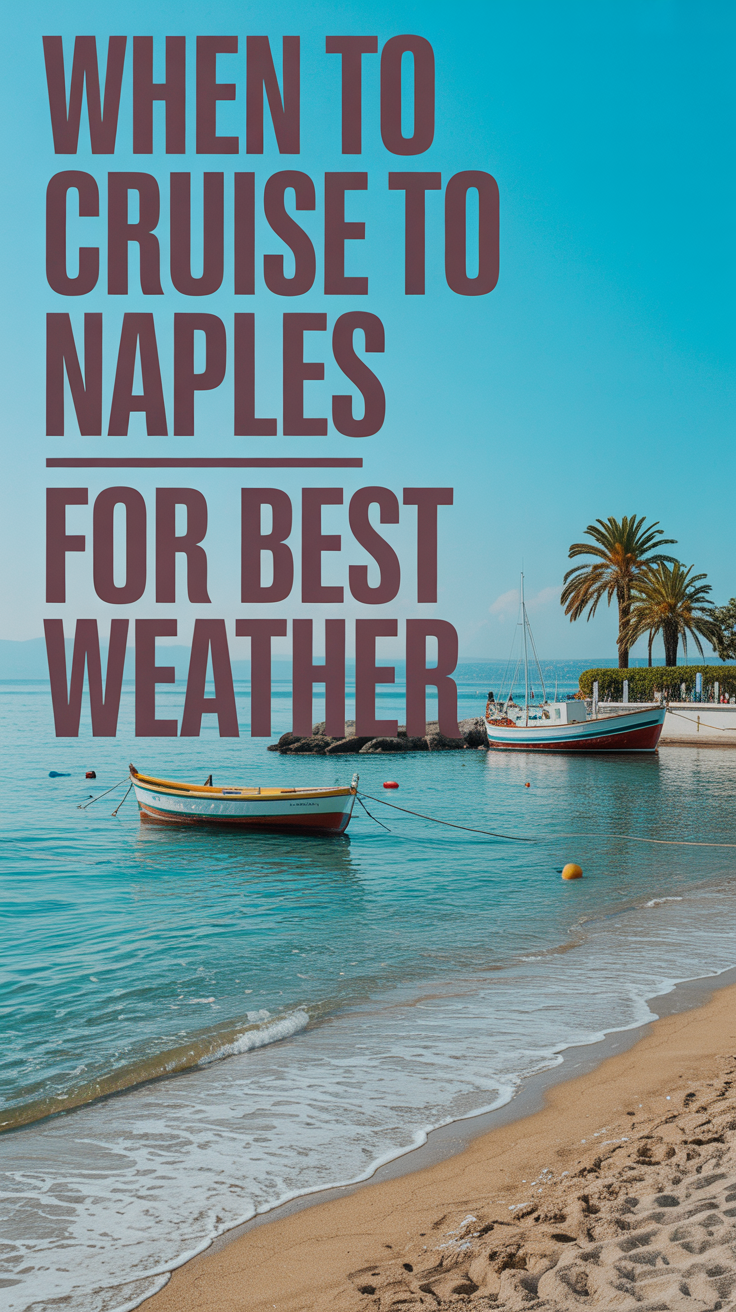 A photograph of a vibrant, sun-drenched coastline in Naples, Italy, featuring turquoise waters gently lapping against a sandy beach; traditional Italian fishing boats rest in the distance and palm trees sway under a bright, clear sky, with bold text overlay reading "When to Cruise to Naples for Best Weather".
