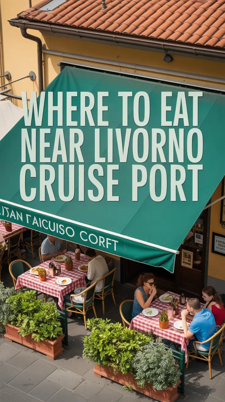 A photograph of a charming Italian trattoria situated just a short walk from the Livorno Cruise Port, viewed from a slightly elevated perspective. The trattoria features red-and-white checkered tablecloths on outdoor tables shaded by a vibrant green awning, with several patrons enjoying their meals. Sunlight streams across the scene, highlighting the building's terracotta roof and the lush greenery of potted plants lining the entrance.