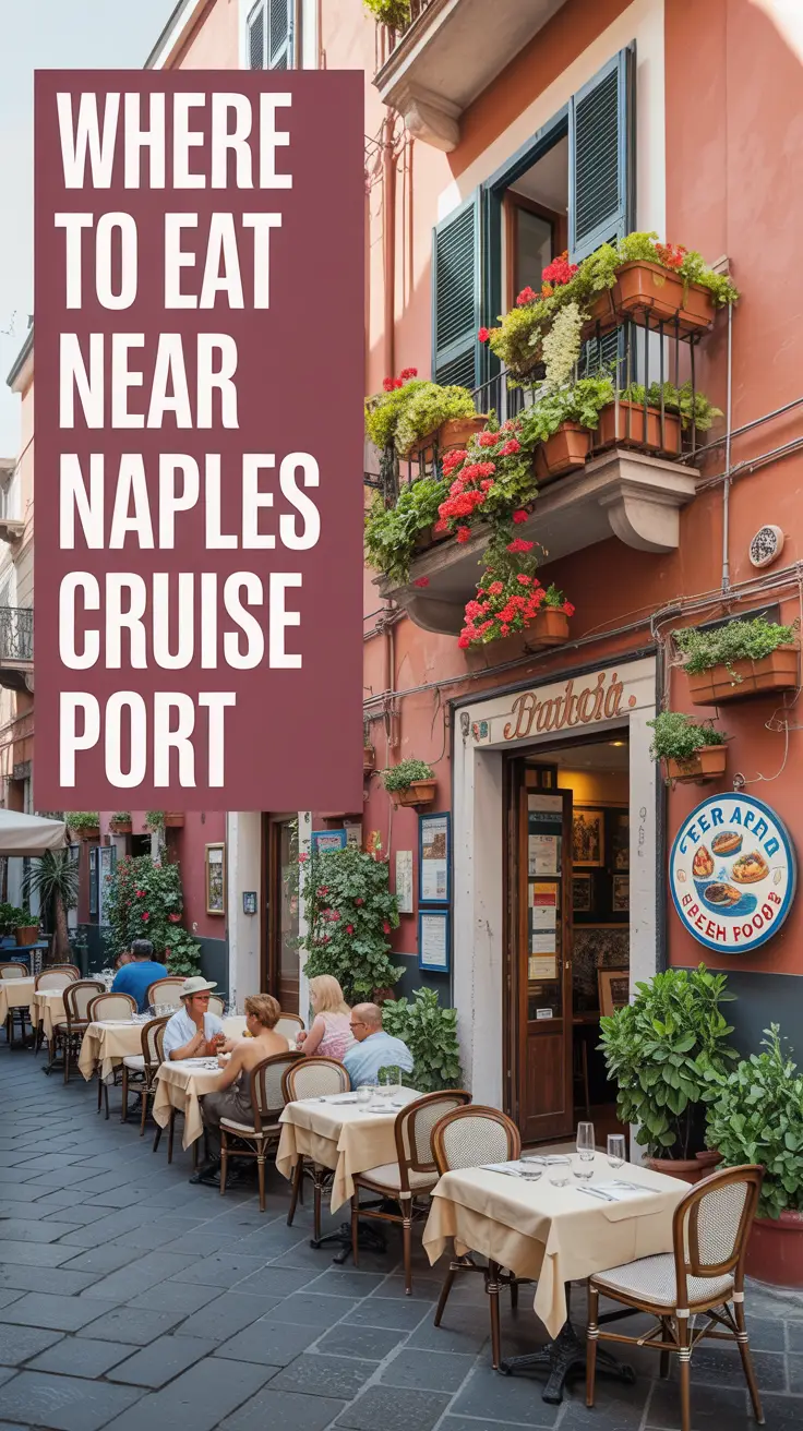 A photograph featuring a charming Italian trattoria nestled on a narrow, sun-drenched street near Naples Cruise Port, with tables spilling out onto cobblestones, a vibrant facade adorned with terracotta tiles and flower boxes, and locals enjoying lunch under a clear sky — overlaid with large, left-aligned text reading "Where to Eat Near Naples Cruise Port."