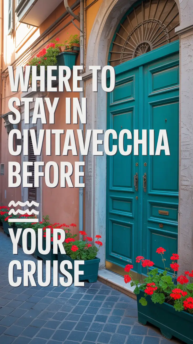 A photograph showcasing a charming, sun-drenched piazza in Civitavecchia, Italy, with a vibrant turquoise door featuring a weathered brass knocker and overflowing red geranium flower boxes, set slightly ajar to reveal a cozy interior; warm sunlight brightens the cobblestone square and golden-toned surrounding buildings, evoking a cheerful and inviting atmosphere.