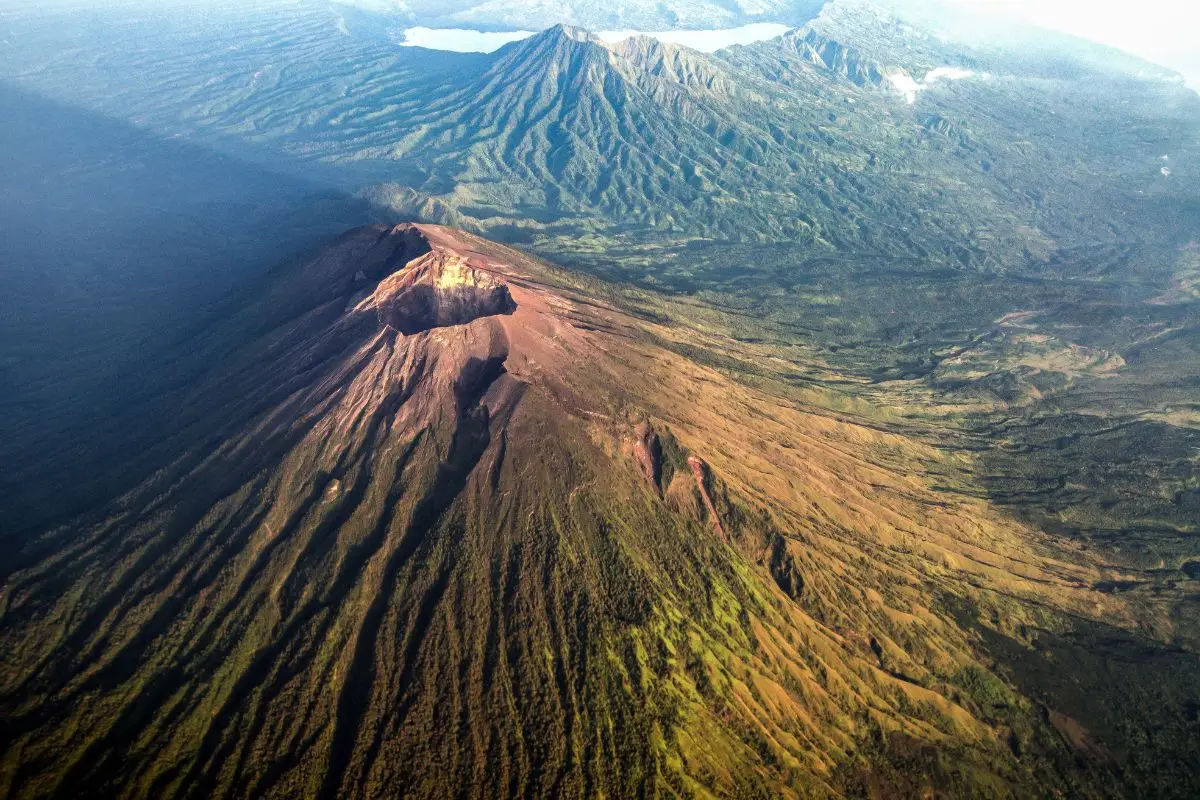 Aerial photograph of Mount Agung volcano with ridged slopes in Bali Indonesia