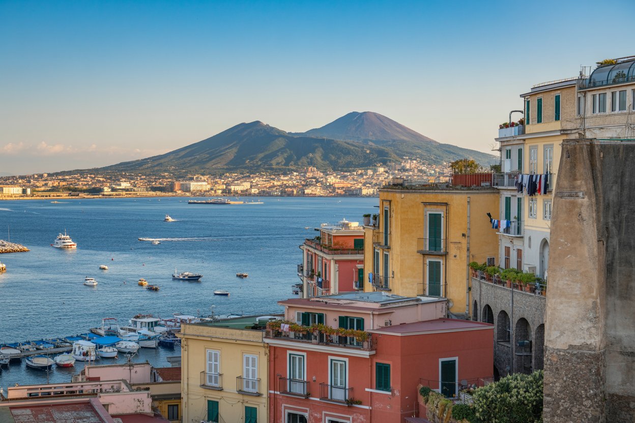 Naples Bay waterfront with colorful historic buildings, boats in harbor, and Mount Vesuvius volcano dominating the skyline at sunset