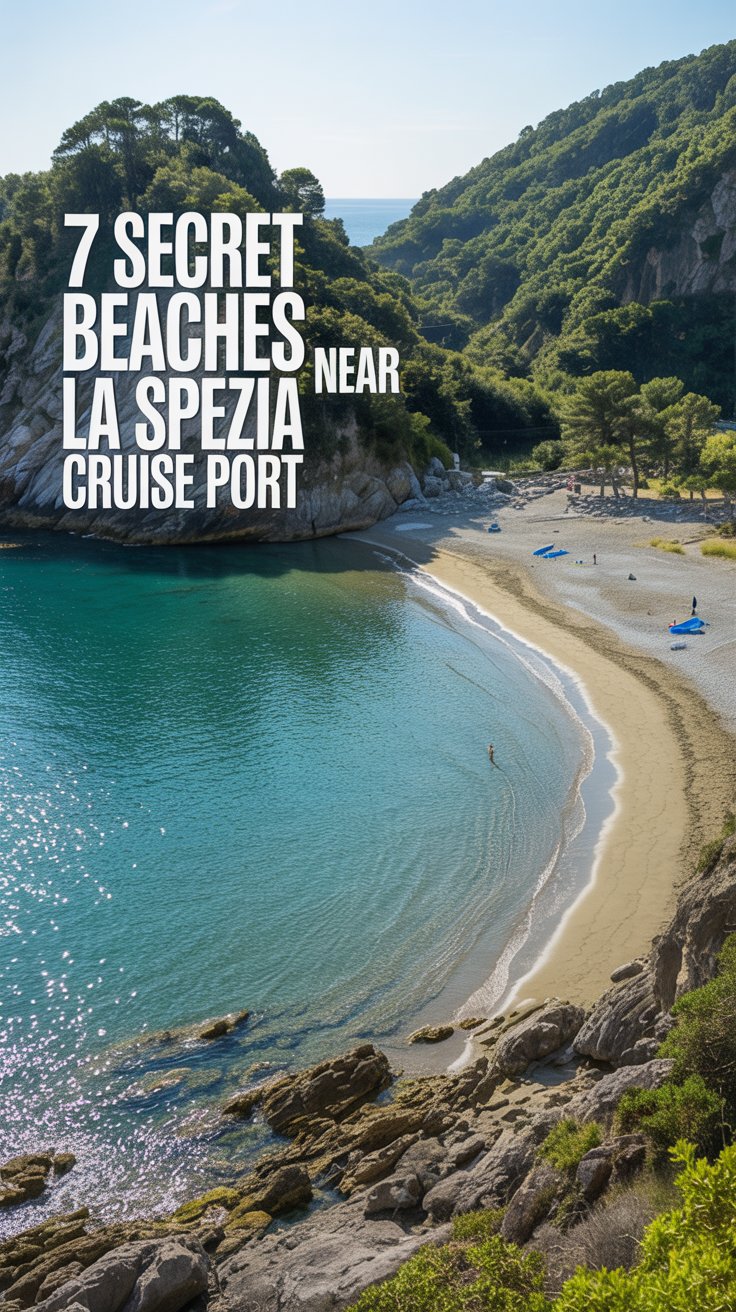 A stunning, wide-angle photograph capturing the serene beauty of a hidden beach near La Spezia, featuring a crescent-shaped beach with fine golden sand and turquoise water, framed by rugged cliffs covered in lush green vegetation under a bright, sunny sky.