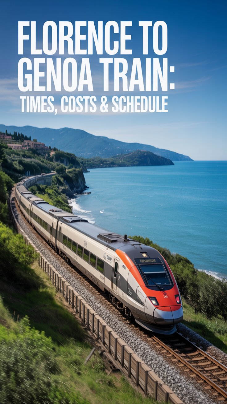 A stunning, sun-drenched photograph capturing a modern high-speed train speeding along a coastal track between Florence and Genoa, with the sleek silver train on the left side of the frame, sunlight reflecting off its windows, lush green hills, and the turquoise Ligurian Sea in the background, evoking scenic beauty and a sense of adventure.