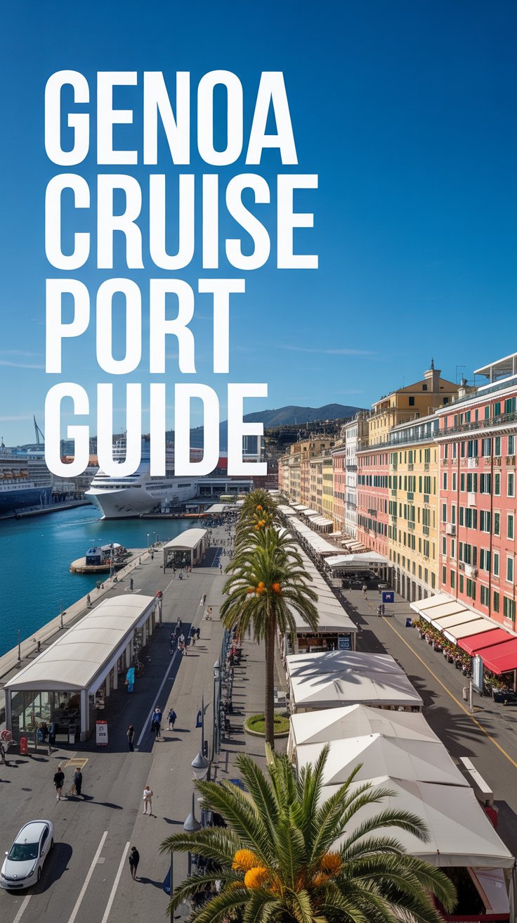 A stunning, vibrant photograph capturing the bustling atmosphere of the Genoa Cruise Port on a sunny day, featuring the expansive waterfront promenade lined with colorful buildings and palm trees under a clear blue sky, with bright natural light highlighting architectural details and a large "Genoa Cruise Port Guide" text overlay in a modern, legible font.