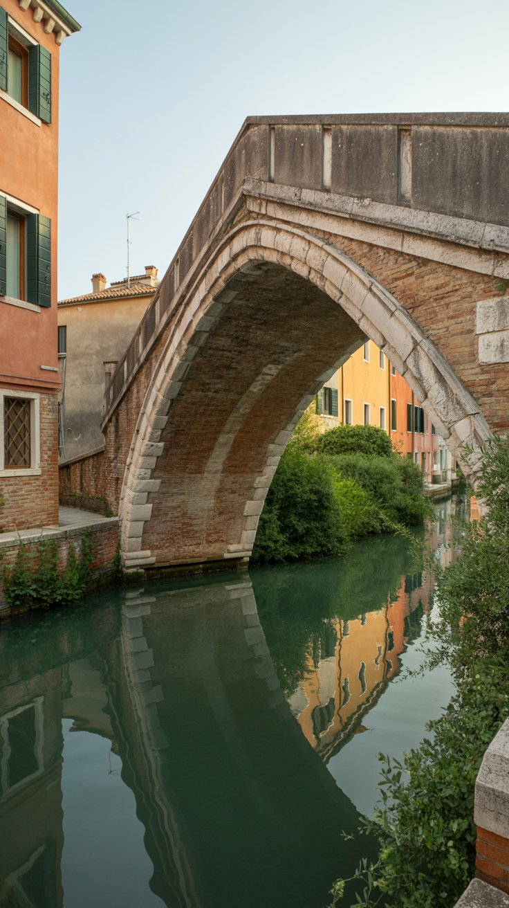 A photograph of the historic Ponte del Diavolo (Devil's Bridge) on the island of Torcello, showcasing its ancient Venetian architecture. The stone bridge features a distinctive steep arch rising dramatically over a narrow canal, built without railings in the traditional medieval style with weathered limestone blocks. The surrounding scene captures the quiet, rustic charm of Torcello with overgrown vegetation along the canal banks, old brick buildings with terracotta roofs, and reflections of the bridge's arch shimmering in the dark green water below. Soft afternoon light filters through the peaceful lagoon atmosphere, emphasizing the bridge's timeless character and its status as one of Venice's most authentic architectural remnants.