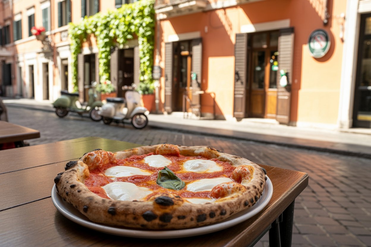 Authentic Neapolitan margherita pizza with buffalo mozzarella and basil served at outdoor cafe in Naples with Vespa scooter and colorful buildings