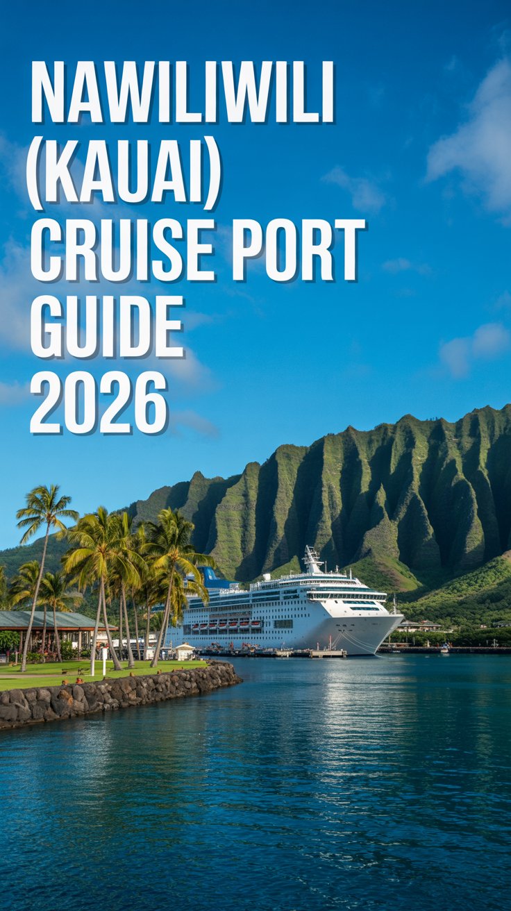 Cruise ship at Nawiliwili Harbor Kauai with dramatic green mountains and palm trees text overlay Nawiliwili Kauai Cruise Port Guide