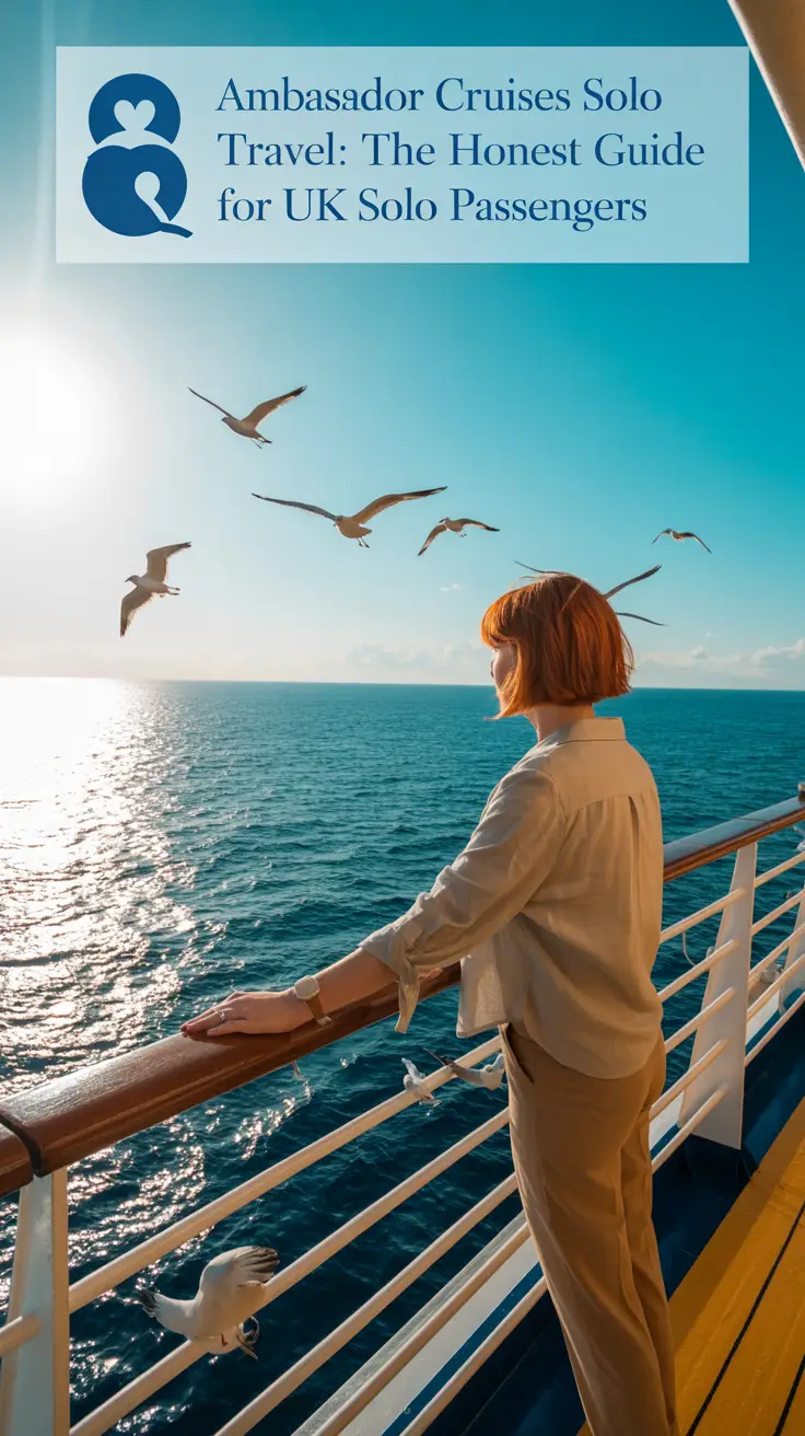 A lone female traveler with short auburn hair stands on the deck of a modern cruise ship, wearing a comfortable linen shirt and khaki pants. She gazes out at the vast, turquoise ocean under a bright sun that reflects vibrantly on the water. A flock of seagulls circles gracefully in the distance, with text in the top left corner displaying "Ambassador Cruises Solo Travel: The Honest Guide for UK Solo Passengers" in a clean, sans-serif font.