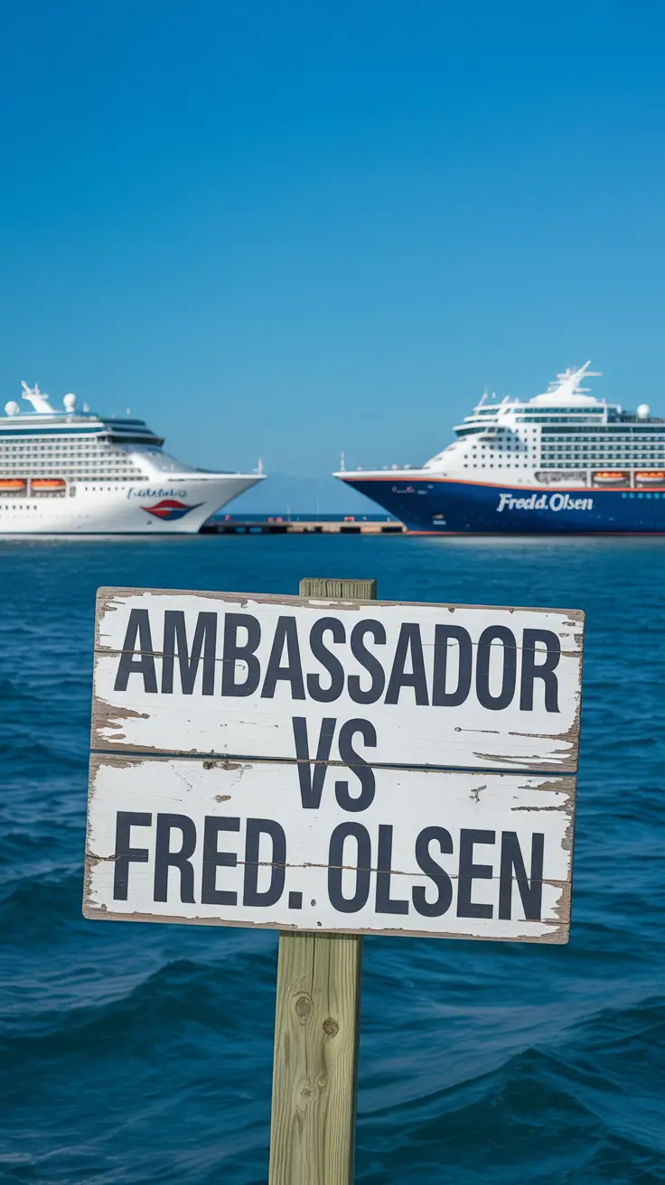 A photograph depicting a weathered wooden sign reading "Ambassador vs Fred. Olsen" on a windswept pier with a vibrant blue sea in the background. The sign shows peeling paint, indicating prolonged exposure to the elements. Two cruise ships, one with the Ambassador Cruises logo and the other with the Fred. Olsen Cruise Lines logo, are visible in the distance, docked at separate terminals. The scene is bathed in bright sunlight, creating long shadows and enhancing the contrast between the ships and the shimmering water.