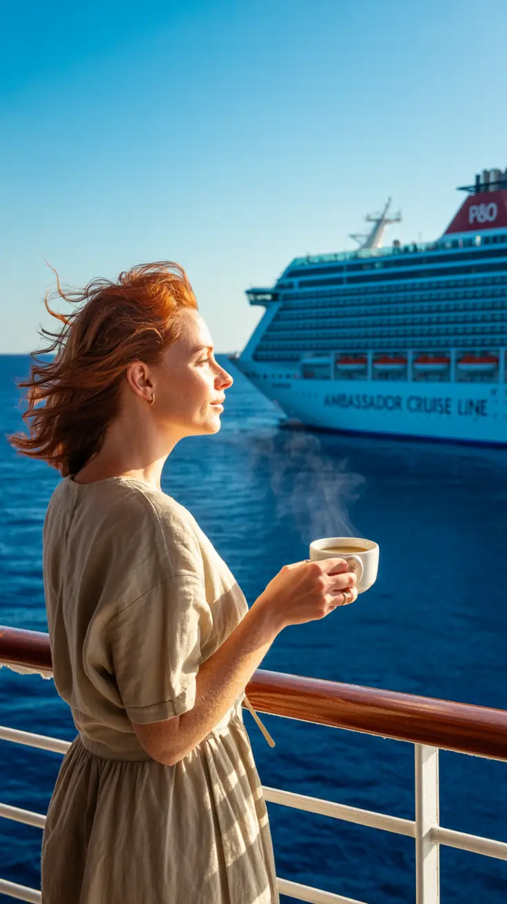 A solitary traveler with windswept auburn hair stands on the deck of a cruise ship, wearing a stylish linen dress and holding a steaming cup of coffee while gazing out at the expansive blue ocean. The scene is illuminated by bright sunlight, with a large cruise ship displaying "Ambassador Cruise Line" visible in the background and another ship labeled "P&O Cruises" slightly blurred on the opposite side, all highlighted in the golden light of a clear, sunny day.