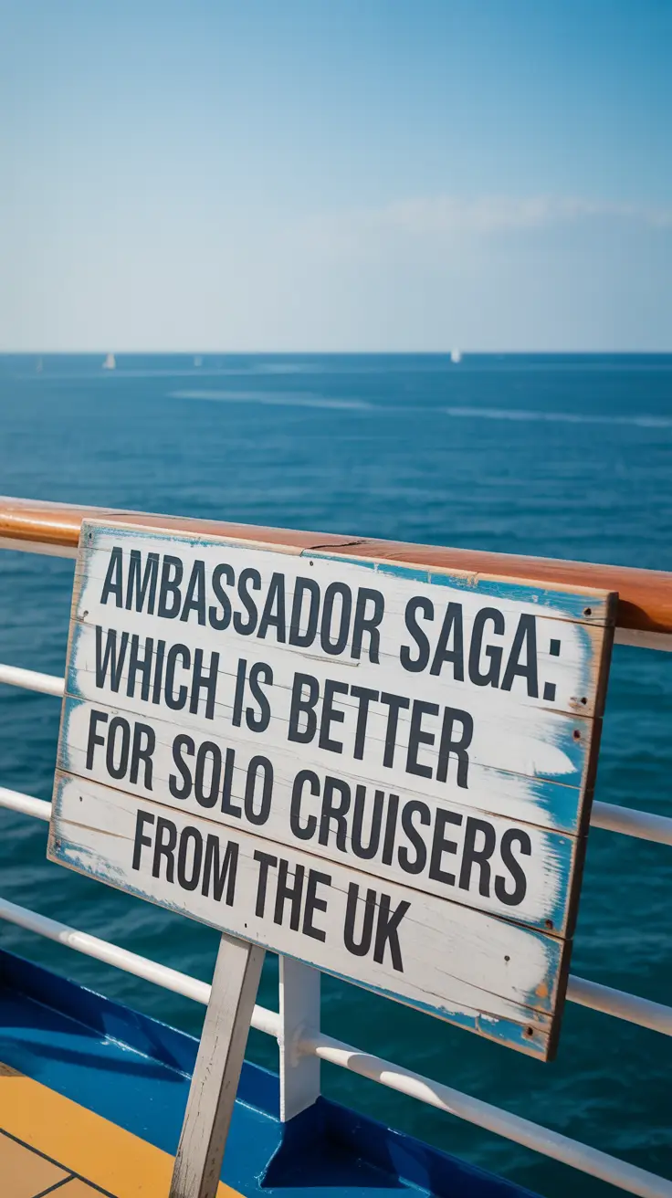 A weathered wooden sign reading "Ambassador vs Saga: Which Is Better for Solo Cruisers From the UK" rests against a railing on a sun-drenched cruise ship deck. The sign's faded paint and visible cracks give it an authentic appearance, set at a slightly crooked angle. In the background, the turquoise ocean extends to the horizon under a clear blue sky, with a few distant sailboats visible on the water. Bright and natural lighting highlights the textures of the sign and the expansive seascape.