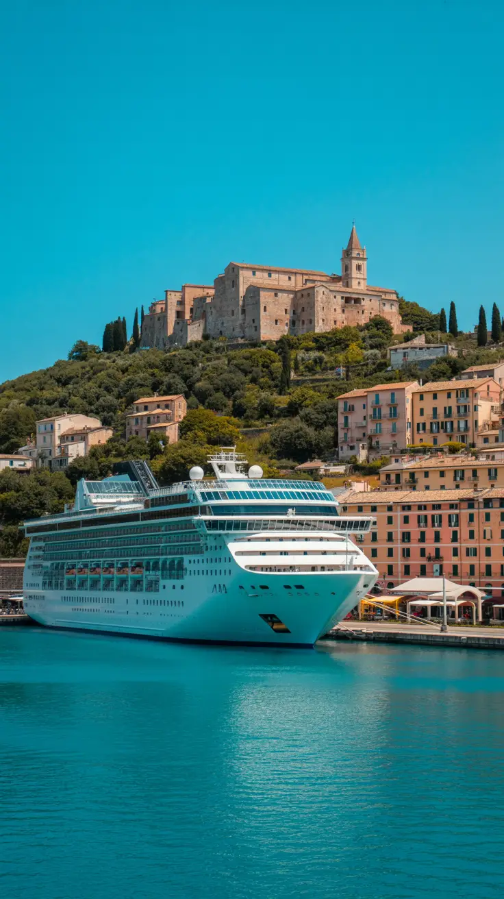 A photograph showcasing the picturesque Ancona Cruise Port as it meets the stunning backdrop of the Frasassi Caves and Marche Hilltowns. The scene focuses on a charming stone hilltown perched atop a verdant slope, with its terracotta rooftops contrasting against the azure sky. Below, a modern cruise ship rests peacefully in the turquoise waters of the harbor, reflecting the sunlight. The bright sunny day bathes the entire vista in warm light, highlighting the region’s natural beauty and the seamless blend of historical charm and modern travel.