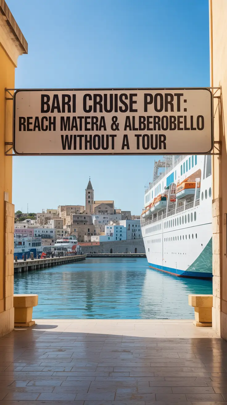 A photograph capturing the vibrant Bari Cruise Port on a bright, sunny day, showcasing the entrance to the port with a view of Matera and Alberobello in the distance. A sign prominently displays “Bari Cruise Port: Reach Matera & Alberobello Without a Tour” in bold, black lettering. The foreground features a bustling pier with colorful cruise ships docked alongside, reflecting the clear blue water and sunny sky, while quaint, whitewashed buildings of Matera and Alberobello are visible on the distant hillsides. The scene is bathed in natural sunlight, highlighting the architectural details and creating a sense of warmth and invitation.