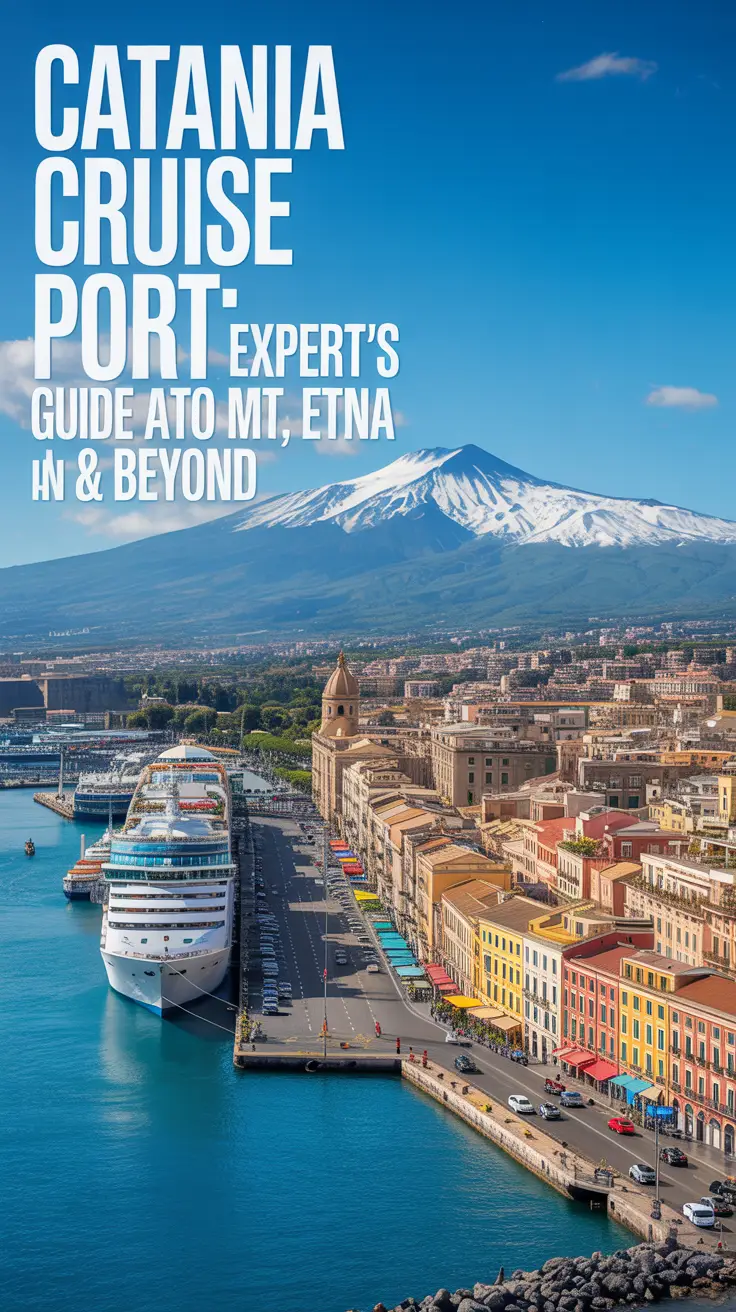 A stunning, sunlit photograph of the Catania Cruise Port in Sicily, Italy, showcasing a vibrant scene of activity and natural beauty. Dominating the frame is the expansive harbor filled with colorful buildings and a bustling waterfront, all bathed in the bright light of a clear day. The port's architecture blends seamlessly with the surrounding landscape, with Mount Etna looming majestically in the distant background, its snow-capped peak contrasting with the azure sky and deep blue sea.
