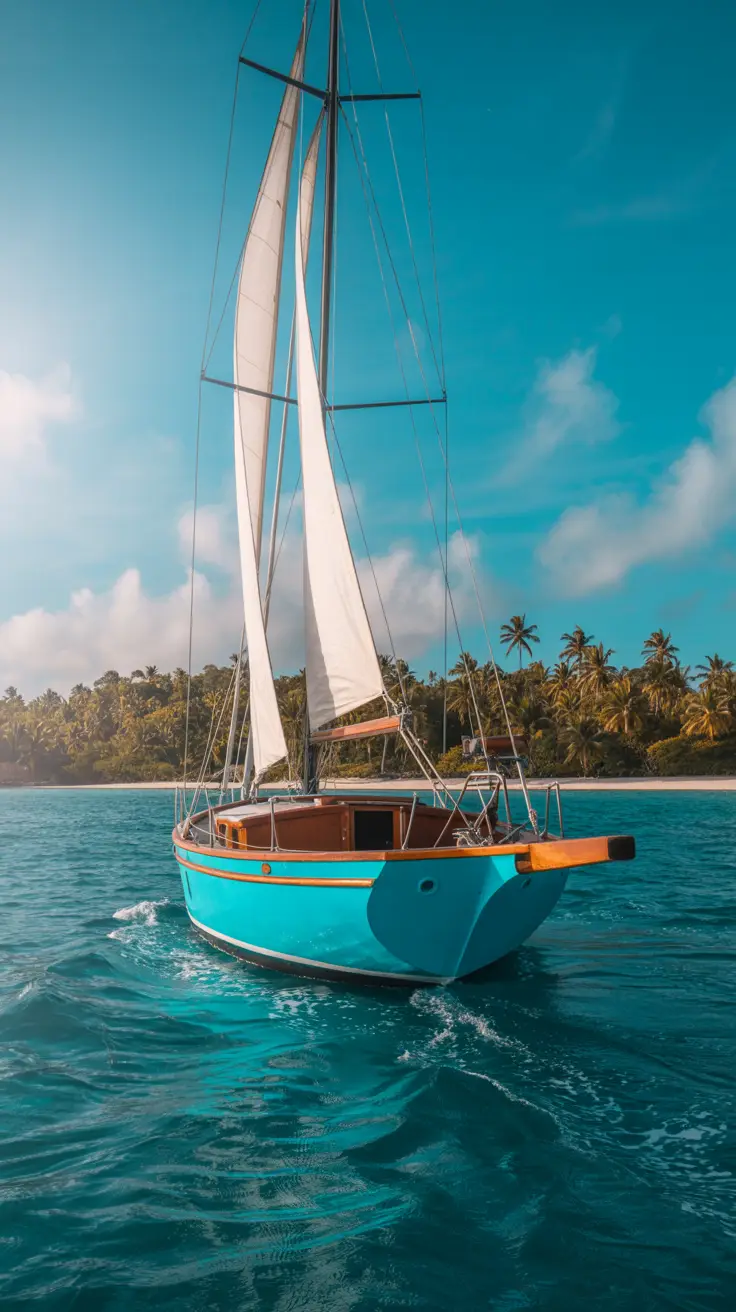 A vibrant turquoise sailboat glides gently across crystal-clear turquoise waters under a bright, sunny sky. The sailboat features white sails billowing in the wind and a wooden deck with polished brass fixtures. In the background, a lush tropical island with palm trees and a white sand beach is visible, all bathed in warm, natural sunlight that creates a sense of tranquility and adventure.